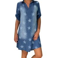 ZZOOI Womens Summer Casual V Neck Denim Long Party Dresses Short Sleeve Swing Dress