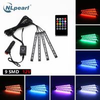 NLpearl ไฟแถบไฟ LED RGB ตกแต่งรถควบคุมเสียงเพลงไฟเก๋ง4ชิ้นพร้อมโคมไฟตกแต่งบรรยากาศรีโมท USB 12V 5V