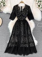 【YF】 Summer New Fashion Black Solid Lace Long Dress For Women Vintage V-neck Short Sleeve Slim Mid Robes Femme Vestidos