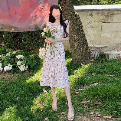 Female floral dress new summer French romantic tender wind restoring ancient ways collect waist split condole belt long skirt