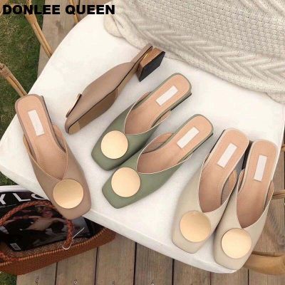 【CC】✘  2023 Brand Designer Slippers Mules Flat Heel Shoes British Buckle Slides Block Heels Footwear