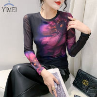 YIMEI เสื้อยืดแฟชั่นแขนคอกลมยาวพิมพ์ลายดอกไม้ติดหน้าจอเข้ารูปพอดีใหม่สำหรับฤดูใบไม้ร่วง2023