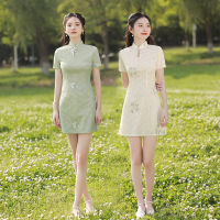 ฤดูร้อนเย็บปักถักร้อยดอกไม้ชีฟองเด็กสาวมินิ Cheongsam Elegant R Drop Collar Qipao จีนทุกวัน Dress