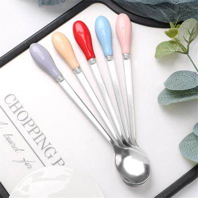 Stainless Steel Coffee Spoon Steel Long Ceramic Handle Ice Spoon Ice Cream Dessert Spoon Simple Small Kitchen Utensils Serving Utensils