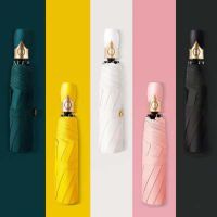 【Ink and green】ร่มพับอัตโนมัติคุณภาพสูง Rain Ladies Tri Fold Umbrella Windproof Solid Color Umbrella Women Waterproof Parasol