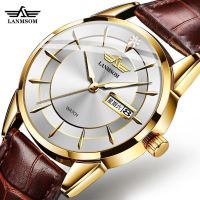 Langsuo Belt Mens Watch Simple Business Quartz Watch Mens Double Calendar Waterproof Mens Watch Casual Business 〖WYUE〗