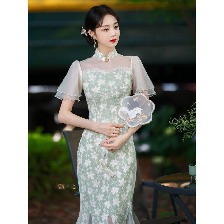 available-green-blue-cheongsam-french-floral-short-sleeve-chiffon-vintage-fishtail-dress-slim-wedding-costumes-elegant-qipao-s-to-xxl