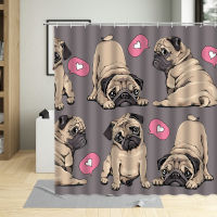 Cute Beige Dog Pug Puppy Pink Hearts Pattern Decor Bathroom Curtains Polyester Fabric Waterproof Kids Shower Curtain With Hooks