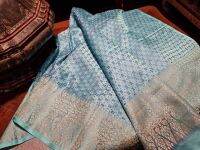 ซิ่น ผ้ายกไหม หน้านาง เชิงยกทอง ขนาด 1x2เมตร ลายประจำยามดอกสี่กลีบ สีฟ้า รหัส N12-24-0930665
