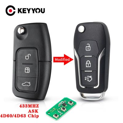 KEYYOU รีโมทกุญแจรถแบบปรับได้3ปุ่มสำหรับ Ford ฟิวชั่นโฟกัส Mondeo Fiesta Galaxy HU101 433Mhz ชิป4D63/4D60