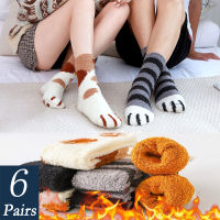 6 PairsLot Winter Warm Cat Paw Socks Women Girl Cartoon Sleeping Home Floor Sock Thick Fuzzy Fluffy Cute Animal Paw Socks Funny