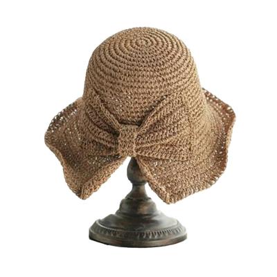 หมวกชาวประมงปีกกว้างสำหรับผู้หญิงหมวกฟางผู้หญิงโบว์ผูกหมวกหน้าร้อนพับได้,หมวกและหมวกวันหยุดพักผ่อนหมวกแก๊ปของผู้หญิง (ฤดูร้อน)