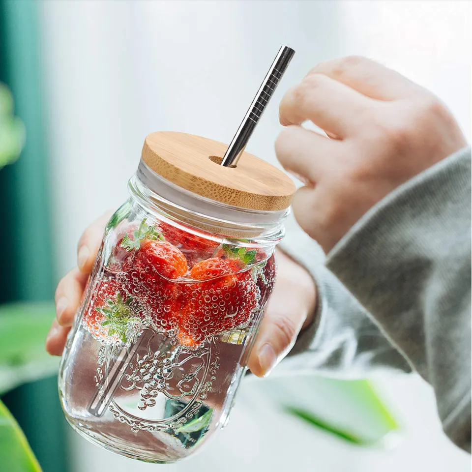 Mason Jar Drinking Glass with Reusable Bamboo Lid & Stainless