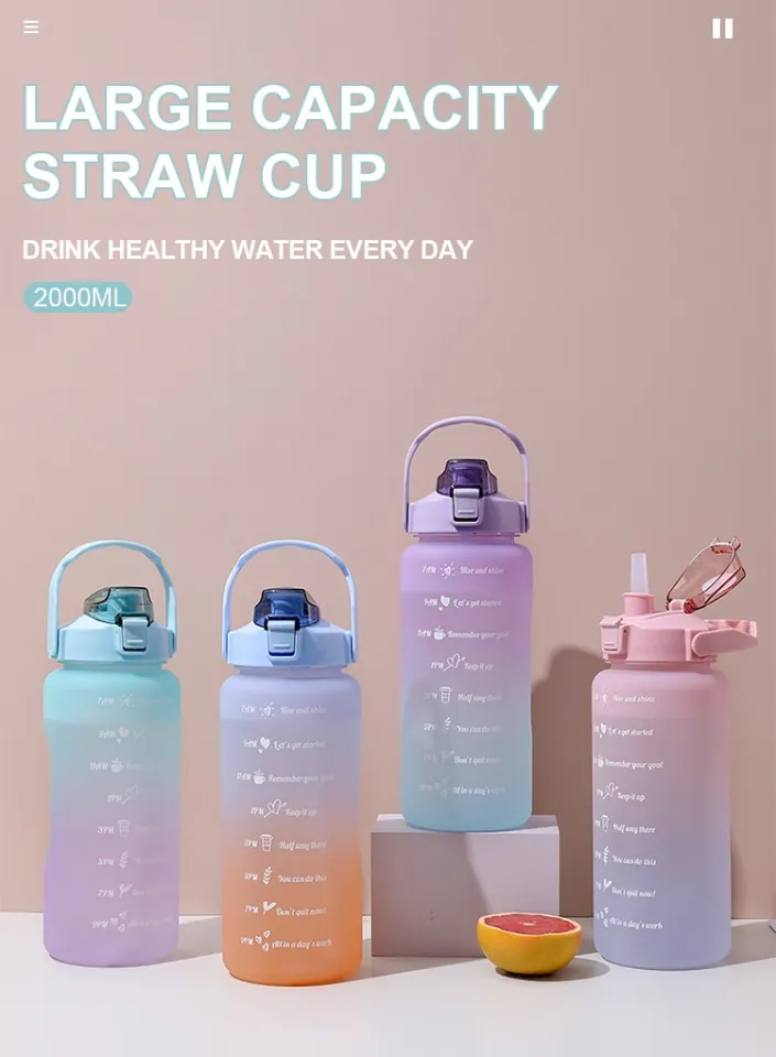 1pc Random Color 2L Water Bottle Straw Cup Time Scale Couple Water