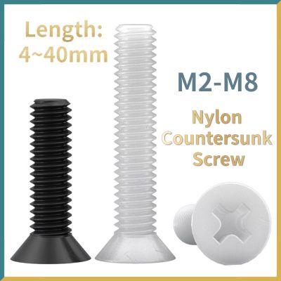 20/50 buah sekrup kepala Countersunk nilon hitam/putih baut kepala datar plastik Phillips panjang: 4 40mm M2 M2.5 M3 M4 M5 M6 M8