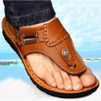 CODiy085671 Sandal lelaki kulit lembu kulit musim panas edisi han baru anti gelincir cubitan bahagian bawah lembut satu perkataan menangguhkan kasut pantai amfibia/ Ready Stock Men sandals leather cowhide summer new han edition antiskid pi