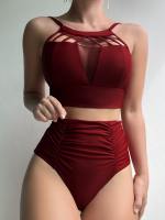 Cut-Out Ruched บิกินี่2023ผู้หญิงชุดว่ายน้ำเอวสูงหญิงชุดว่ายน้ำสีแดง Beachwear Bathers ชุดว่ายน้ำว่ายน้ำชุดว่ายน้ำ