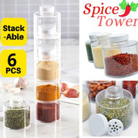 6pcs Transparent Spice Jar Set Salt and Pepper Seasoning Bottle Stackable Kitchen Condiment Cruet Storage Container Spice Rack