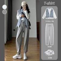 Plus Size Womens Suit Women  New Fashion Solid Color Long-sleeved + Denim Vest + Casual Pants Three-piece Suit