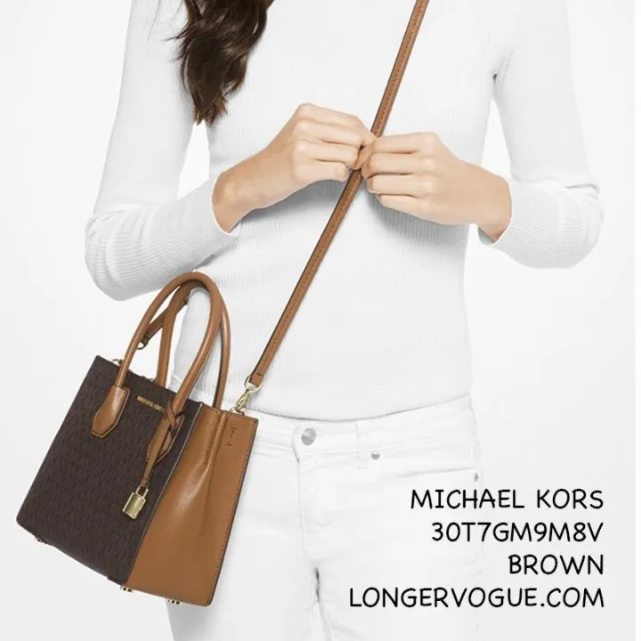 MK Michael Kors Handbag Kellen Sandrine Stud Signature Logo Mercer  Messenger Small Brown Canvas Leather Cross