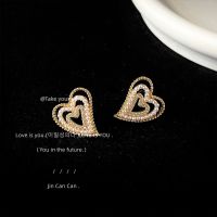 [COD] French micro-inlaid zircon 925 silver needle-plated 14K pearl heart earrings female ins peach