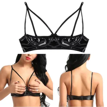 Women PVC Leather 1/4 Cup Bra Top Underwired Push Up Open Cup