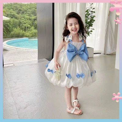 Girls dress summer childrens princess dress fresh baby girls suspender skirt bow fake two-piece dress