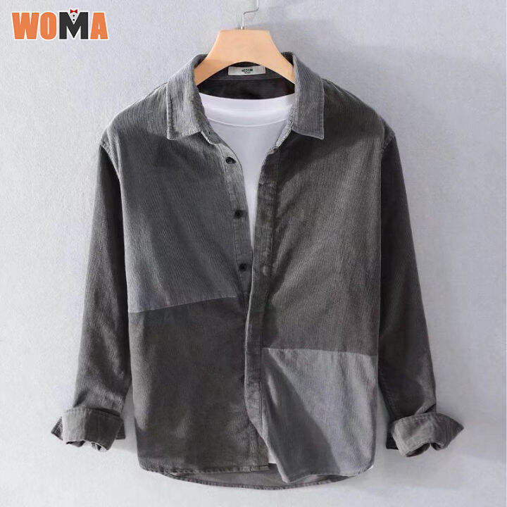 woma-เสื้อเชิ้ตผู้ชาย-เสื้อเชิ้ตผ้าลูกฟูก-เสื้อเชิ้ตแบบเย็บปะ-เสื้อแจ็คเก็คลำลอง-ทรงหลวมๆ-สไตล์ญี่ปุ่น-แฟชั่น-แมตช์ง่าย