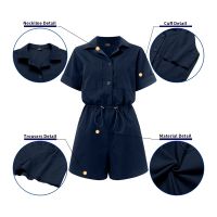 VONDA Women Summer Korean Short Sleeve Lapel Button Up Casual Short Jumpsuits