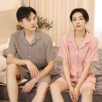 Japanese Summer Couple Womens Pajamas Suit Cotton Crepe Ladies Solid Color Simple Short-Sleeved Shirt Shorts Pajama Set Women