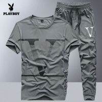 【July hot】 Playboy ice silk short-sleeved suit mens summer loose T-shirt trousers running sportswear two-piece set