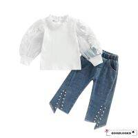 [COD]GD-Infant Baby Girls Long Sleeve Clothes Set Flower Patchwork T-Shirt With Pearl Slit Jeans Fall Outfits (สีขาว,12-24เดือน)