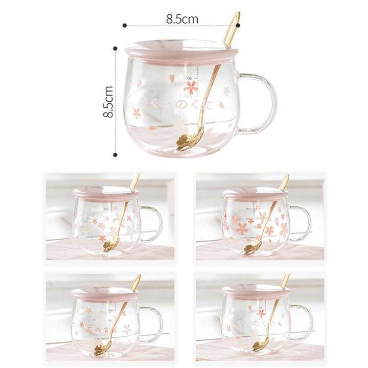 ร้อนสไตล์ญี่ปุ่นแก้วแก้วน่ารักสีชมพู-kawaii-drinkware-นมกาแฟถ้วยน้ำครัวสำนักงานที่ละเอียดอ่อนช้อนที่มีฝาปิดดอกเชอร์รี่แก้ว