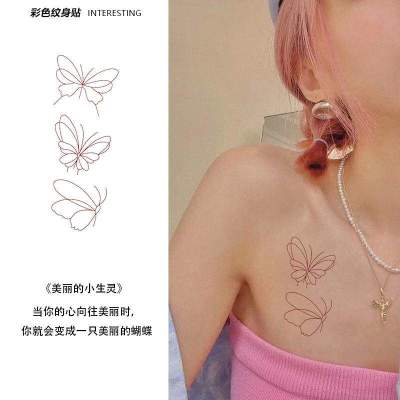 Line butterfly tattoo stickers waterproof female long-lasting high-end collarbone small fresh color stickers ins simulation tattoo