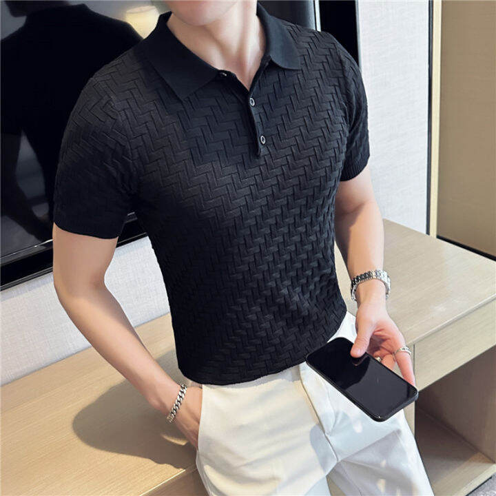 ผู้ชายฤดูร้อนลำลองแขนสั้นที่มีคุณภาพสูงถักเสื้อโปโลชายสลิมฟิตผ้าไหมน้ำแข็งลายสก๊อตที่เดินทางมาพักผ่อนเสื้อโปโลท็อปส์-s-3xl