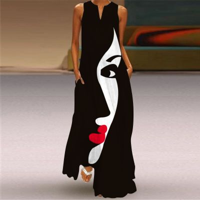 【YF】 Black Summer Maxi Dress Ladies Casual 3D Face Print V Neck Holiday Beach Dresses Party Elegant Sleeveless A-line Vestidos Women