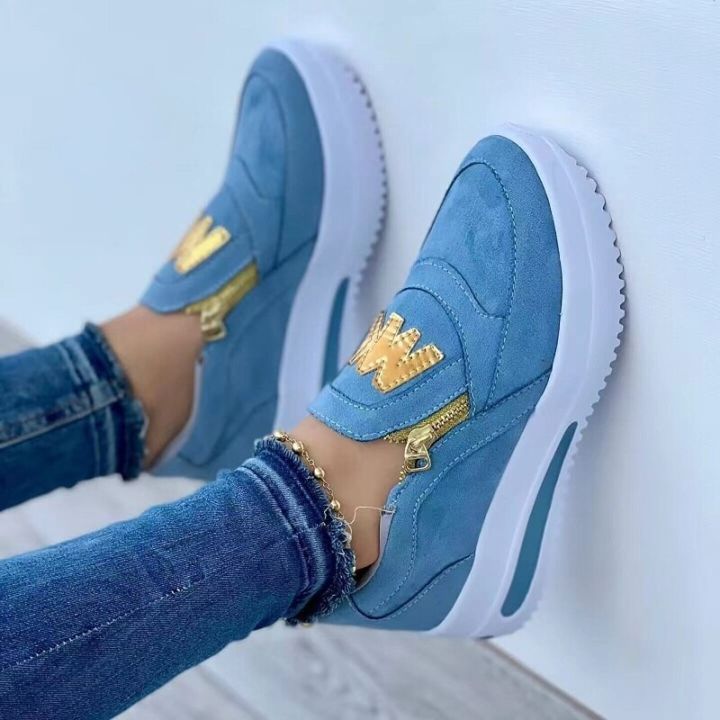 2023 Women Sport Shoes Thick Bottom Solid Color Ladies Vulcanized Sneakers  Casual Wedge Walking Shoes Slip on Zipper Women Shoes 