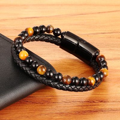 XQNI Classic Special Style Leather Beaded DIY Combination Stitching Mens Stainless Steel Black Button Leather Bracelet For Boys