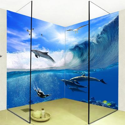 3D Stereo Sea Wave Dolphin Photo Mural Wallpaper PVC Self-Adhesive Waterproof Bathroom Backdrop Wall Sticker Papel De Parede 3 D