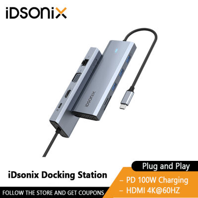 IDsonix USB Type C 10 In 1ฮับ USB-C เป็น4K HDMI/VGA/เครื่องอ่านการ์ด/เสียง/100W PD อะแดปเตอร์ RJ45
