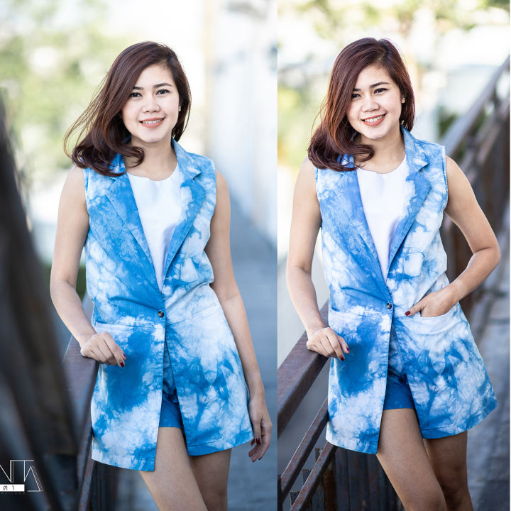 laanta-เซ็ตเสื้อเบลเซอร์แขนกุด-กางเกง-ขายแยกชิ้น-มัดย้อมคราม-indigo-tie-dye