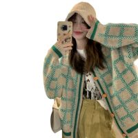 Spot parcel post R Plaid Sweater Coat Womens Autumn and Winter 2022 New Korean Style Idle Style Green Loose Knitted Cardigan Women