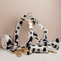 【FCL】▩ New Arrival Designer Logo Gray lattice on Soft Cotton Dog Collar Leashes Harness Poo Holder Bow Set 06