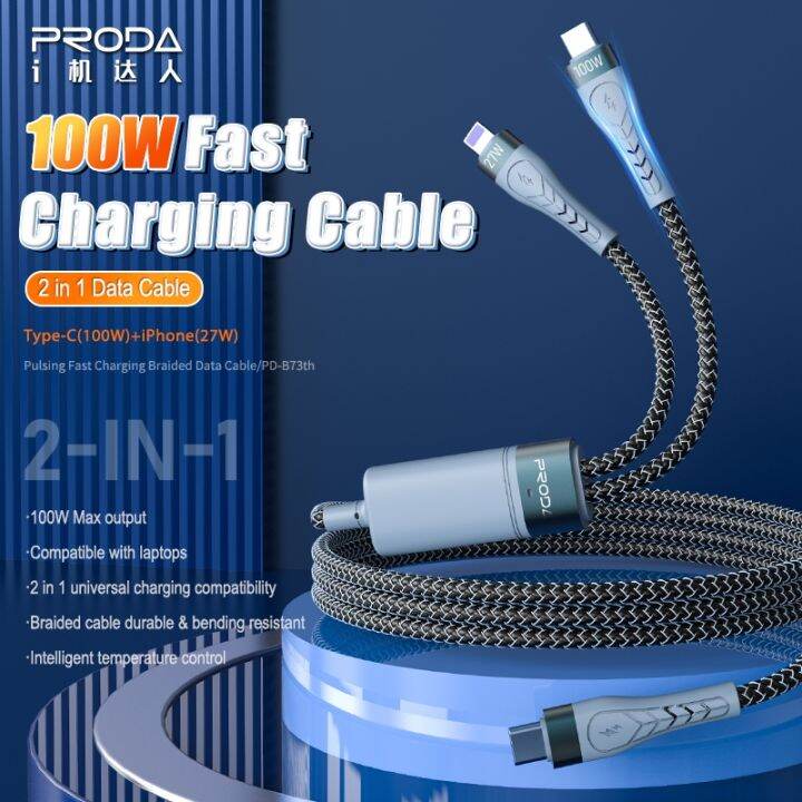 【Fire New】 Proda Pulsing Series 2 In 1 Fast Charging Braided Data Cable 100W สาย USB พร้อม Type