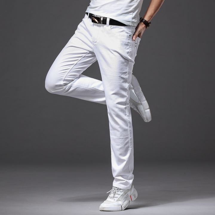 ป็นข้อความ-กางเกงแฟชั่นยีนส์ผู้ชายสีขาวใส่สบายสำหรับฤดูกาลกางเกงยืดขั้นสูงสำหรับผู้ชาย
