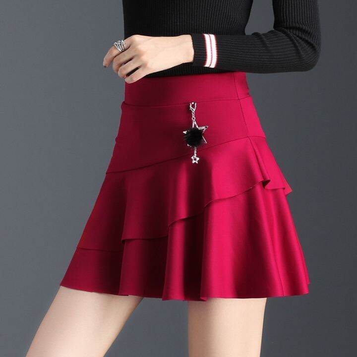 red-korean-style-short-hip-skirt-womens-knitted-skirt-urban-commuter-ol-style-high-waist-ruffled-chic-fishtail-skirt