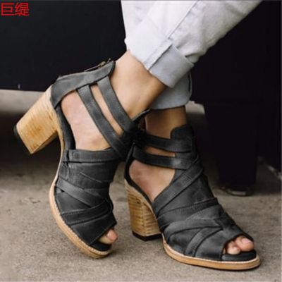 women sandals PU Buckle Strap 5CM Thick heel High heels Peep Toe Cutout Shallow women shoes sandalias mujer 2020 size 35 42