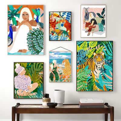 Ultra Chic Zebra Tiger Hood Botanical Wall Art ภาพวาดผ้าใบบทคัดย่อสาวโบฮีเมียนพิมพ์ภาพสไตล์นอร์ดิกโปสเตอร์ Living Decor ภาพจิตรกรรมฝาผนัง0822