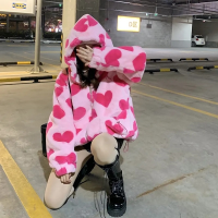 Coat Women Cute Heart Shaped Jacket for Women Print Lambswool Pockets Zipper Hooded High Street Warm Couple Streetweer Winter