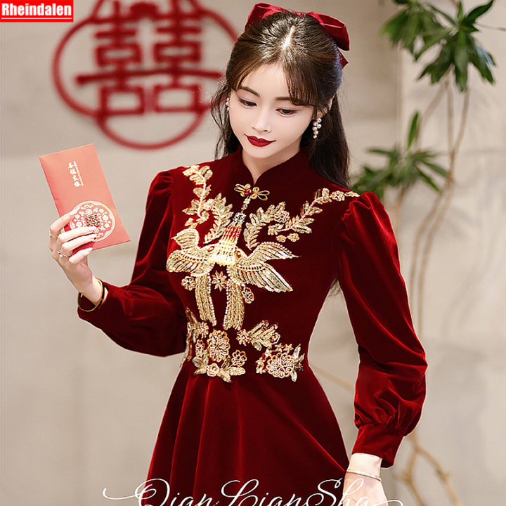 ใหม่ฤดูใบไม้ร่วงและฤดูหนาวของผู้หญิงกำมะหยี่สีทองสไตล์จีนแขนยาว-cheongsam-ขนมปังชุดแต่งงานชุดที่จัดเลี้ยง